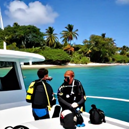Caribbean Holidays, Grenada Scuba Diving, Friendly Grenada dive boat with scuba divers preparing equipment beside a lush tropical coastline
