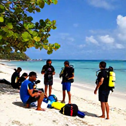 Caribbean Holidays, Grenada Scuba Diving, Friendly scuba diving group preparing equipment beside a tropical beach in Grenada