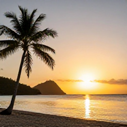 Caribbean Holidays, Grenada Scuba Diving, Golden sunset over Grand Anse Beach in Grenada, with palm trees, calm sea and distant hills