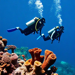 Caribbean Holidays, Grenada Scuba Diving, Scuba divers descending above a colourful Grenada reef, with sponges, coral formations and clear blue Caribbean water