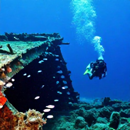 Caribbean Holidays, Grenada Scuba Diving, Scuba divers exploring a dramatic underwater shipwreck near Grenada, with schools of fish and clear blue water