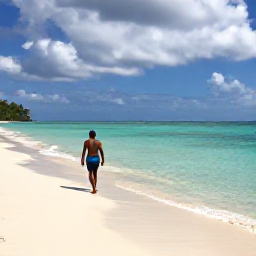 Caribbean Holidays, Grenada September Holidays, A peaceful Grand Anse Beach scene in Grenada with a solo traveller walking beside clear water and pale sand under a lightly clouded sky