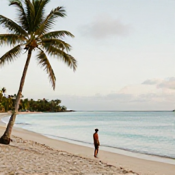 Caribbean Holidays, Grenada September Holidays, A solo traveller enjoying a quiet tropical beach in Grenada during September, with calm turquoise water, palm trees and soft morning light