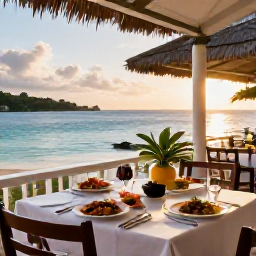 Caribbean Holidays, Grenada September Holidays, Elegant adults-only resort restaurant in Grenada serving fresh Caribbean seafood and colourful local dishes at sunset
