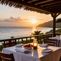 Caribbean Holidays, Grenada September Holidays, Elegant Grenadian restaurant terrace at sunset, serving fresh seafood and Caribbean cuisine beside the sea