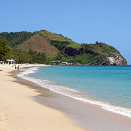 Caribbean Holidays, Grenada September Holidays, Grand Anse Beach in Grenada with calm blue water, golden sand, green hills and a few visitors enjoying September sunshine