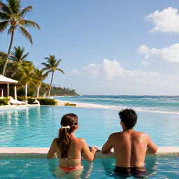 Caribbean Holidays, Grenada September Holidays, Happy couple enjoying a calm Caribbean beach and resort pool in Grenada, September sunshine, tropical gardens and relaxed holiday atmosphere