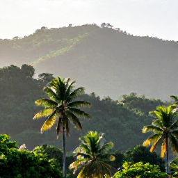 Caribbean Holidays, Grenada September Holidays, Lush tropical Grenada landscape in September, with rainforest-covered hills, coconut palms and soft morning light