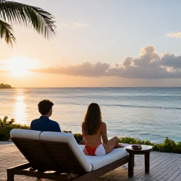 Caribbean Holidays, Grenada September Holidays, Romantic adults-only Caribbean holiday in Grenada, couple relaxing on a private terrace overlooking the sea at sunset