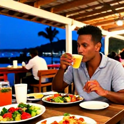 Caribbean Holidays, Grenada Solo Holidays, A relaxed solo traveller enjoying a colourful Grenadian meal at an open-air restaurant in the evening