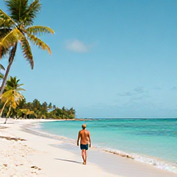 Caribbean Holidays, Grenada Solo Holidays, A relaxed solo traveller walking along Grand Anse Beach in Grenada during a warm October afternoon, turquoise sea and palm trees
