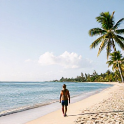 Caribbean Holidays, Grenada Solo Holidays, A relaxed solo traveller walking along Grand Anse Beach in Grenada on a bright January morning, calm turquoise water and palm trees