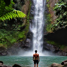 Caribbean Holidays, Grenada Solo Holidays, A solo traveller hiking through lush rainforest to a waterfall in Grenada, with tropical plants and fresh water pool