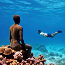 Caribbean Holidays, Grenada Solo Holidays, A solo traveller swimming near an underwater sculpture park in clear Grenadian water, colourful fish and coral visible below