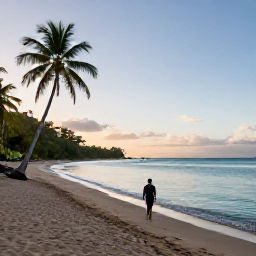 Caribbean Holidays, Grenada Solo Holidays, A solo traveller walking along Grand Anse Beach in Grenada at sunrise, calm turquoise water and palm trees