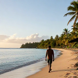 Caribbean Holidays, Grenada Solo Holidays, A solo traveller walking along Grand Anse Beach in Grenada at sunrise, with calm turquoise water and palm trees