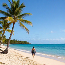 Caribbean Holidays, Grenada Solo Holidays, A solo traveller walking along Grand Anse Beach in Grenada on a bright March morning, calm turquoise sea, palm trees and soft golden sand