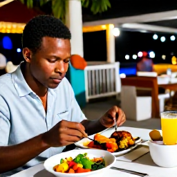 Caribbean Holidays, Grenada Solo Holidays, Friendly evening dining scene in Grenada with a solo traveller enjoying fresh Caribbean food at an outdoor restaurant