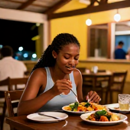 Caribbean Holidays, Grenada Solo Holidays, Friendly evening scene at a relaxed Grenada restaurant, solo diner enjoying local Caribbean food with warm lights and welcoming atmosphere