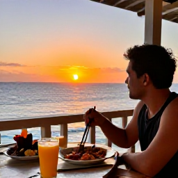 Caribbean Holidays, Grenada Solo Holidays, Friendly Grenadian restaurant at sunset with a solo traveller enjoying local food and a colourful Caribbean view