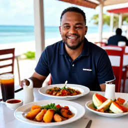 Caribbean Holidays, Grenada Solo Holidays, Friendly Grenadian restaurant serving fresh seafood, local spices and Caribbean dishes to a solo traveller at an outdoor table