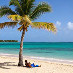 Caribbean Holidays, Grenada Solo Holidays, Grand Anse Beach in Grenada with a solo holidaymaker relaxing beneath a palm tree, clear water and soft golden sand