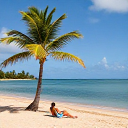 Caribbean Holidays, Grenada Solo Holidays, Grand Anse Beach in Grenada with a solo traveller relaxing under a palm tree, calm blue water and soft golden sand
