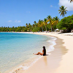 Caribbean Holidays, Grenada Solo Holidays, Lone traveller relaxing on Grand Anse Beach in Grenada, palm trees, clear shallow water and bright Caribbean sunshine