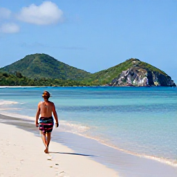 Caribbean Holidays, Grenada Solo Holidays, Lone traveller walking along Grand Anse Beach with calm Caribbean water and Grenada hills in the background