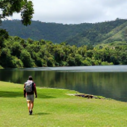 Caribbean Holidays, Grenada Solo Holidays, Lush Grand Etang rainforest in Grenada with a solo hiker walking beside a calm crater lake and tropical vegetation