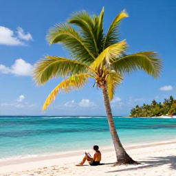 Caribbean Holidays, Grenada Solo Holidays, Peaceful Grand Anse Beach in Grenada with a solo traveller reading beneath a palm tree, clear Caribbean water