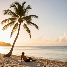 Caribbean Holidays, Grenada Solo Holidays, Peaceful Grenada beach at sunrise with a lone traveller relaxing beneath palm trees, warm January light and calm Caribbean sea