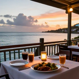 Caribbean Holidays, Grenada Solo Holidays, Solo diner enjoying fresh Grenadian cuisine at a relaxed waterfront restaurant in St George's at sunset