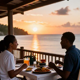 Caribbean Holidays, Grenada Solo Holidays, Solo diner enjoying fresh Grenadian food at a relaxed waterfront restaurant in St George's at sunset