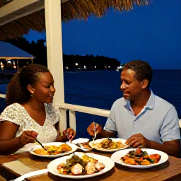 Caribbean Holidays, Grenada Solo Holidays, Solo diner enjoying fresh Grenadian seafood and local dishes at a relaxed waterfront restaurant in the evening