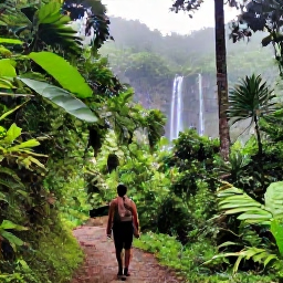 Caribbean Holidays, Grenada Solo Holidays, Solo hiker on a lush Grenada rainforest trail near a waterfall, surrounded by tropical plants and misty hills