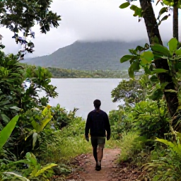 Caribbean Holidays, Grenada Solo Holidays, Solo hiker on a rainforest trail near Grand Etang Lake in Grenada, lush tropical foliage and misty mountains