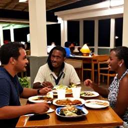 Caribbean Holidays, Grenada Solo Holidays, Solo traveller dining at a friendly Grenadian restaurant in the evening, local Caribbean food, warm lighting and relaxed atmosphere
