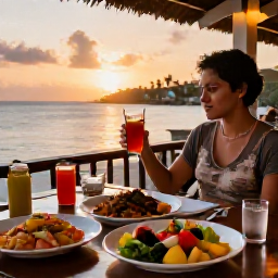 Caribbean Holidays, Grenada Solo Holidays, Solo traveller dining at a relaxed Caribbean restaurant in Grenada at sunset, with local dishes and a harbour view