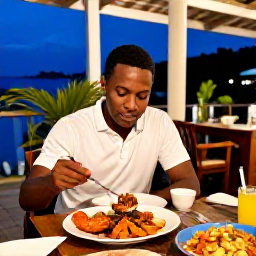 Caribbean Holidays, Grenada Solo Holidays, Solo traveller dining at a welcoming open-air restaurant in Grenada, enjoying fresh seafood and local Caribbean dishes in the evening