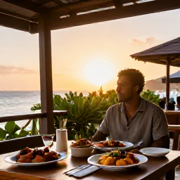 Caribbean Holidays, Grenada Solo Holidays, Solo traveller enjoying a relaxed evening at a Grenada restaurant, local Caribbean food and warm sunset light