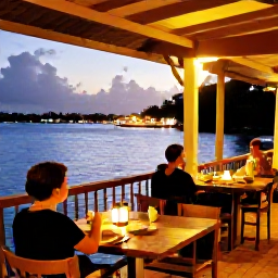 Caribbean Holidays, Grenada Solo Holidays, Solo traveller enjoying a relaxed evening at a waterfront restaurant in St George's, Grenada, warm lights and harbour views