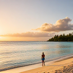 Caribbean Holidays, Grenada Solo Holidays, Solo traveller enjoying Grand Anse Beach in Grenada at sunset, with calm turquoise water and golden sand