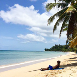 Caribbean Holidays, Grenada Solo Holidays, Solo traveller relaxing on Grand Anse Beach in Grenada in January, calm turquoise sea, golden sand, palm trees, natural daylight