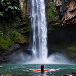 Caribbean Holidays, Grenada Solo Holidays, Solo traveller swimming beneath Annandale Waterfall in Grenada, lush tropical forest, natural pool and dramatic waterfall
