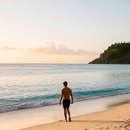 Caribbean Holidays, Grenada Solo Holidays, Solo traveller walking along Grand Anse Beach in Grenada at sunrise, calm turquoise sea and soft golden light