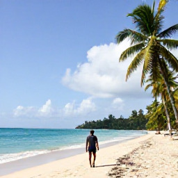 Caribbean Holidays, Grenada Solo Holidays, Solo traveller walking along Grand Anse Beach in Grenada during a sunny February morning, turquoise sea and palm trees