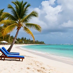 Caribbean Holidays, Grenada Spa Breaks, A calm Grenada beach in June with turquoise water, palm trees, sun loungers and a light tropical shower in the distance