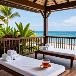 Caribbean Holidays, Grenada Spa Breaks, A comfortable Grenada resort terrace prepared for a wellness holiday, with herbal tea, rolled towels, tropical plants and sea views
