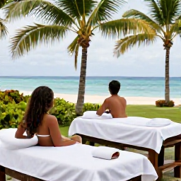 Caribbean Holidays, Grenada Spa Breaks, A couple enjoying a tranquil spa treatment at a Grenada resort, with palms and glimpses of the Caribbean Sea